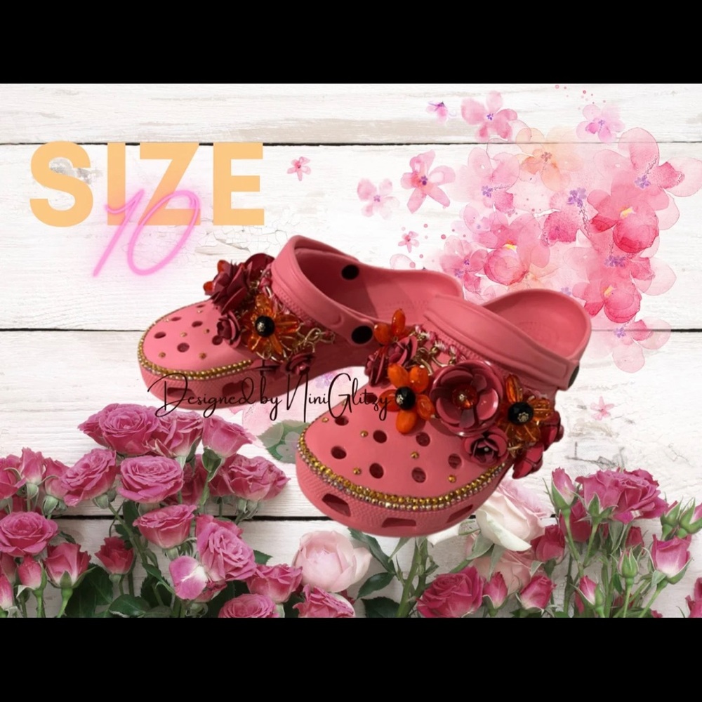 Unique Beautiful Floral Custom | Bedazzled | Size 10 | Pink & Gold | Croc - ish